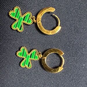 Gold Hoop Earrings with Green Clover Charms
